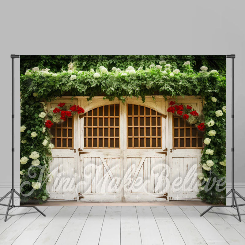 Aperturee - White Wooden Door Green Creeper Spring Backdrop