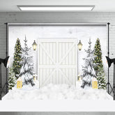 Aperturee - White Wooden Door Pine Tree Snow Winter Backdrop