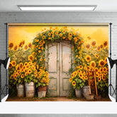 Aperturee - White Wooden Door Sunflower Golden Photo Backdrop