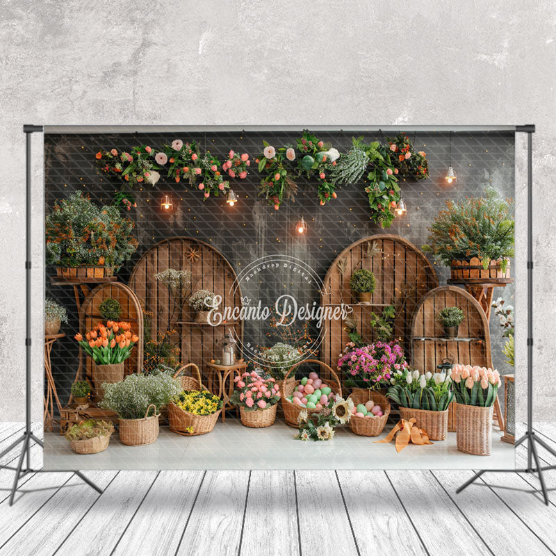 Aperturee - Whitish Black Arch Floral Eggs Easter Photo Backdrop