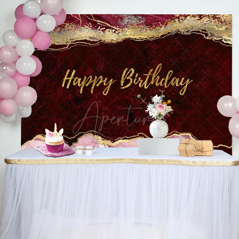Aperturee - Wine Red Gold Glitter Abstract Birthday Backdrop