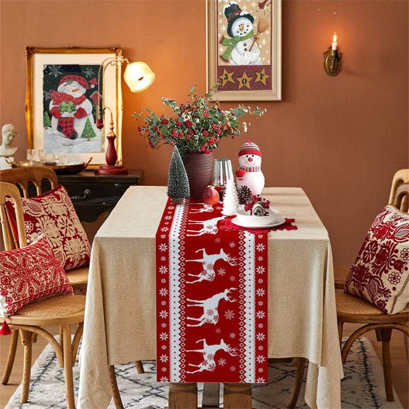 Aperturee Winter Christmas Elk Red Art Snowflake Table Runner