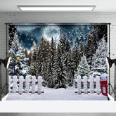 Aperturee - Winter Full Moon Night Pine Forest Fence Backdrop