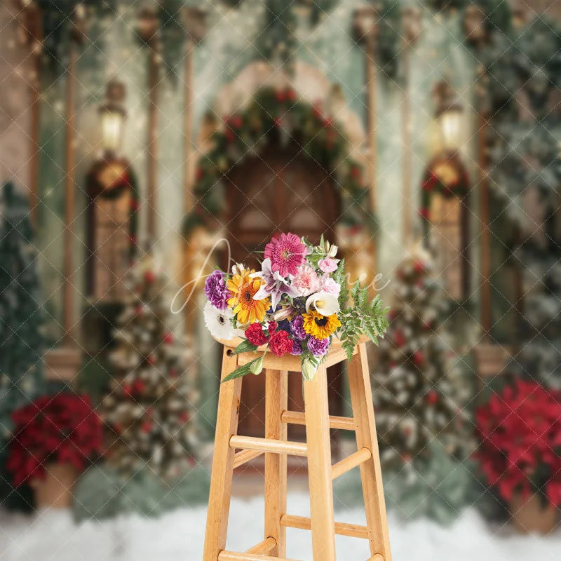 Aperturee - Winter Green Wall Brown Door Christmas Photo Backdrop