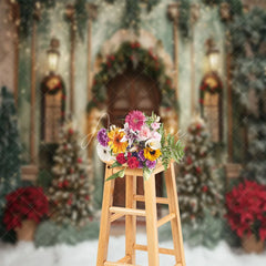 Aperturee - Winter Green Wall Brown Door Christmas Photo Backdrop