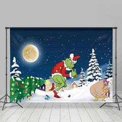 Aperturee - Winter Snowy Moon Night Xmas Tree Christmas Backdrop