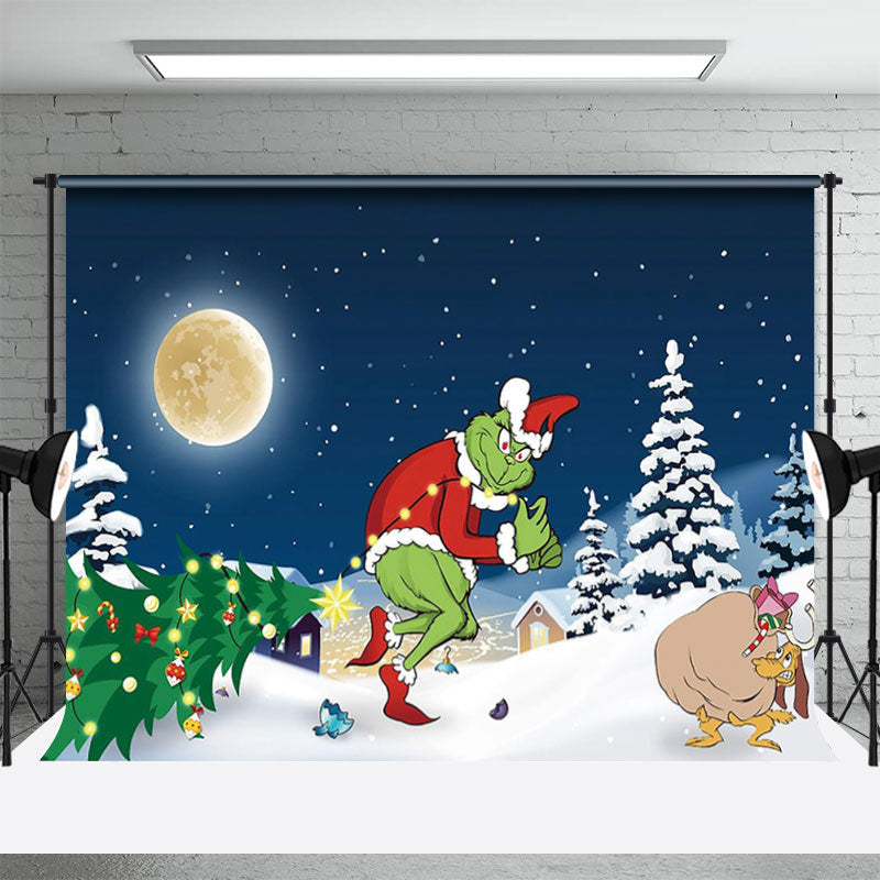 Aperturee - Winter Snowy Moon Night Xmas Tree Christmas Backdrop