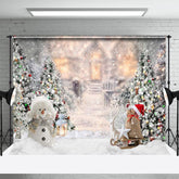 Aperturee - Winter Snowy Pine Tree Snowman Outdoor Backdrop