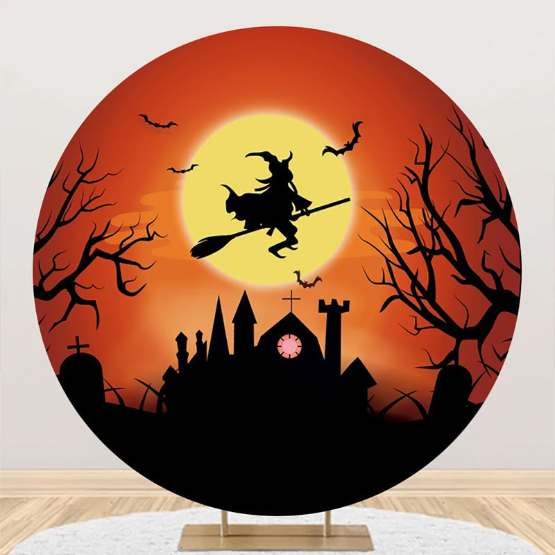 Aperturee - Witch Riding A Broom Moon Night Halloween Backdrop