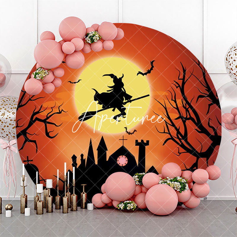 Aperturee - Witch Riding A Broom Moon Night Halloween Backdrop