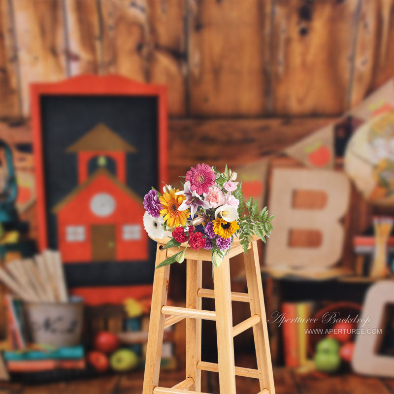 Aperturee - Wood Back To School Backdrop for Children Photo Booth
