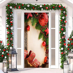 Aperturee - Wood Board Red Ball Green Leaf Christmas Door Cover