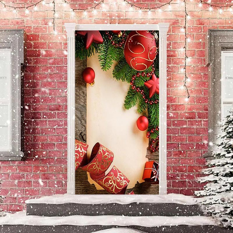Aperturee - Wood Board Red Ball Green Leaf Christmas Door Cover