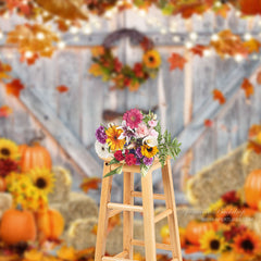 Aperturee - Wood Door Red Brick Wall Maples Pumpkin Autumn Backdrop