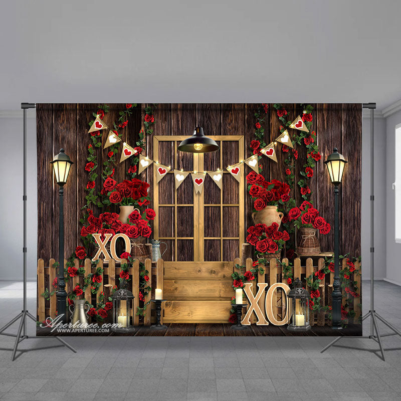 Aperturee - Wood Gold Door Roses Valentines Day Photo Backdrop