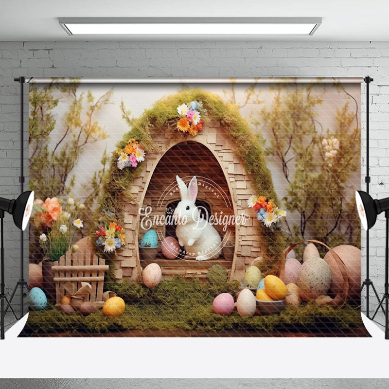 Aperturee - Wood Rabbit Hole Colorful Egg Floral Easter Backdrop
