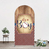 Aperturee - Wood Red Black Stripe Boy Arch Baby Shower Backdrop