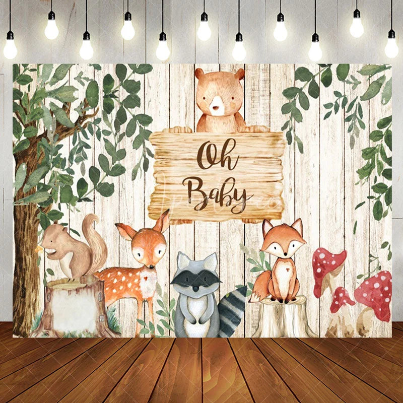 Aperturee - Wood Sign Animals Tree Leaves Baby Shower Backdrop