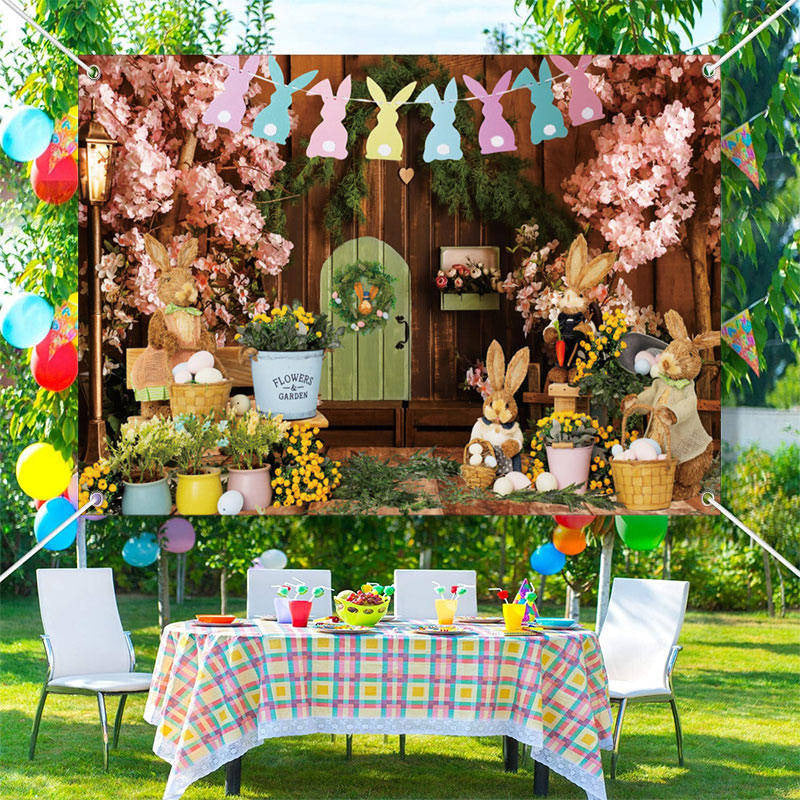 Aperturee - Wood Wall Floral Bunny Stuffed Toys Easter Backdrop
