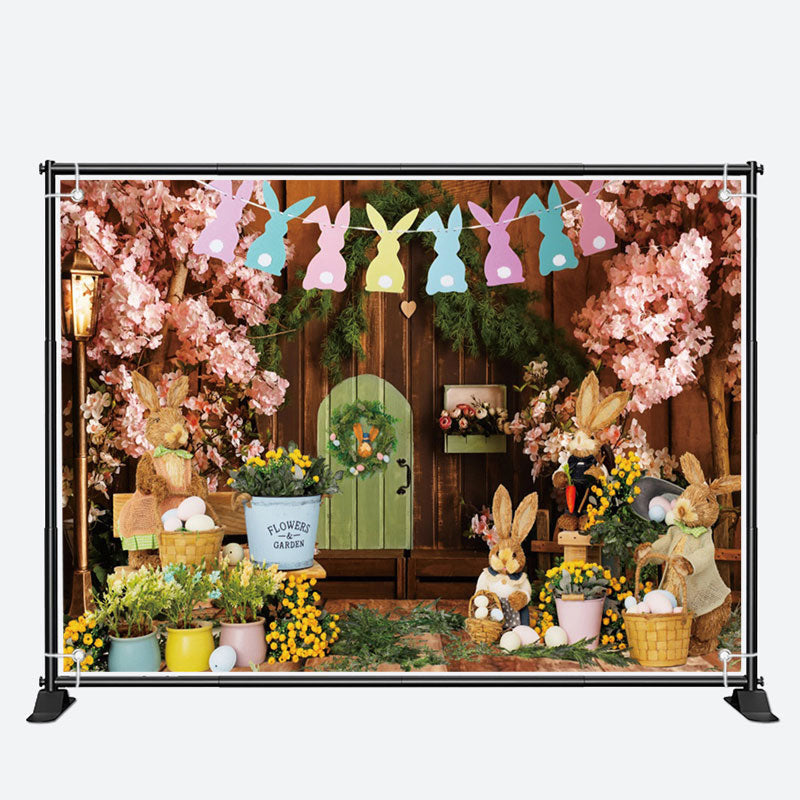 Aperturee - Wood Wall Floral Bunny Stuffed Toys Easter Backdrop