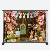 Aperturee - Wood Wall Floral Bunny Stuffed Toys Easter Backdrop