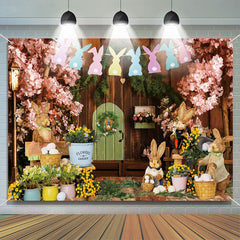 Aperturee - Wood Wall Floral Bunny Stuffed Toys Easter Backdrop