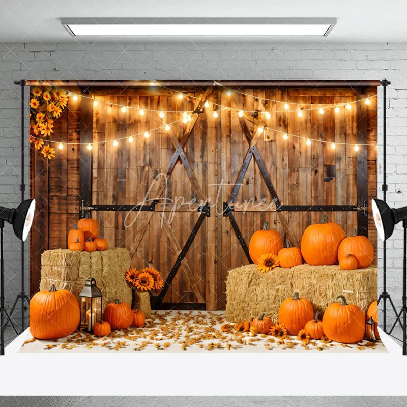 Aperturee - Wooden Barn Door Pumpkin Sunflower Autumn Backdrop