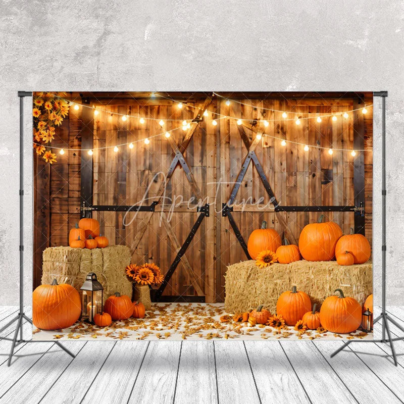 Aperturee - Wooden Barn Door Pumpkin Sunflower Autumn Backdrop