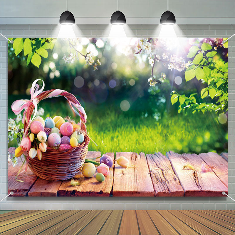 Aperturee - Wooden Basket Egg Green Leaves Bokeh Easter Backdrop