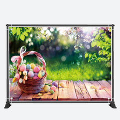 Aperturee - Wooden Basket Egg Green Leaves Bokeh Easter Backdrop