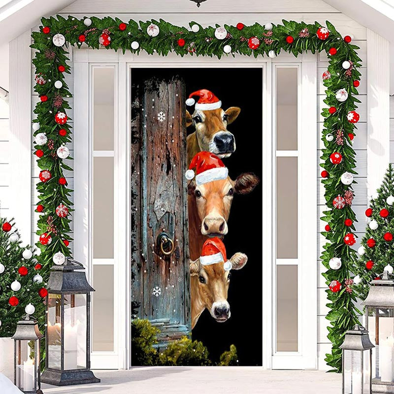 Aperturee - Wooden Board Cow Xmas Hat Black Christmas Door Cover