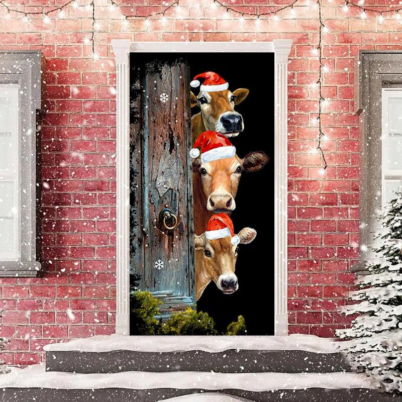 Aperturee - Wooden Board Cow Xmas Hat Black Christmas Door Cover