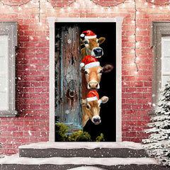 Aperturee - Wooden Board Cow Xmas Hat Black Christmas Door Cover