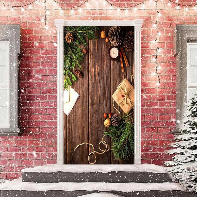 Aperturee - Wooden Board Green Leaves Warm Christmas Door Cover