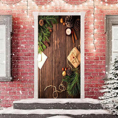 Aperturee - Wooden Board Green Leaves Warm Christmas Door Cover