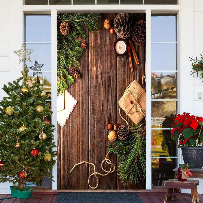 Aperturee - Wooden Board Green Leaves Warm Christmas Door Cover