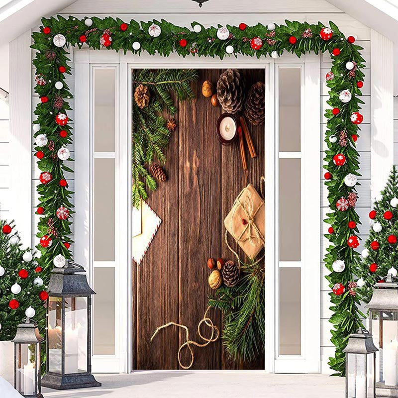 Aperturee - Wooden Board Green Leaves Warm Christmas Door Cover
