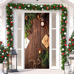 Aperturee - Wooden Board Green Leaves Warm Christmas Door Cover