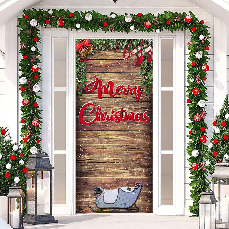 Aperturee - Wooden Board Sleigh Plants Christmas Door Cover
