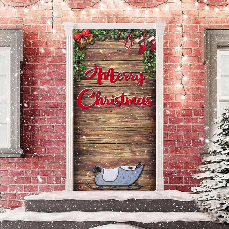 Aperturee - Wooden Board Sleigh Plants Christmas Door Cover