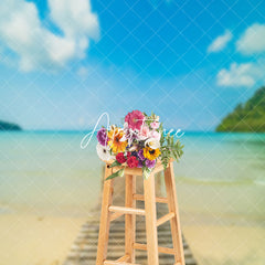 Aperturee - Wooden Bridge Beach Blue Sea Mountain Photo Backdrop