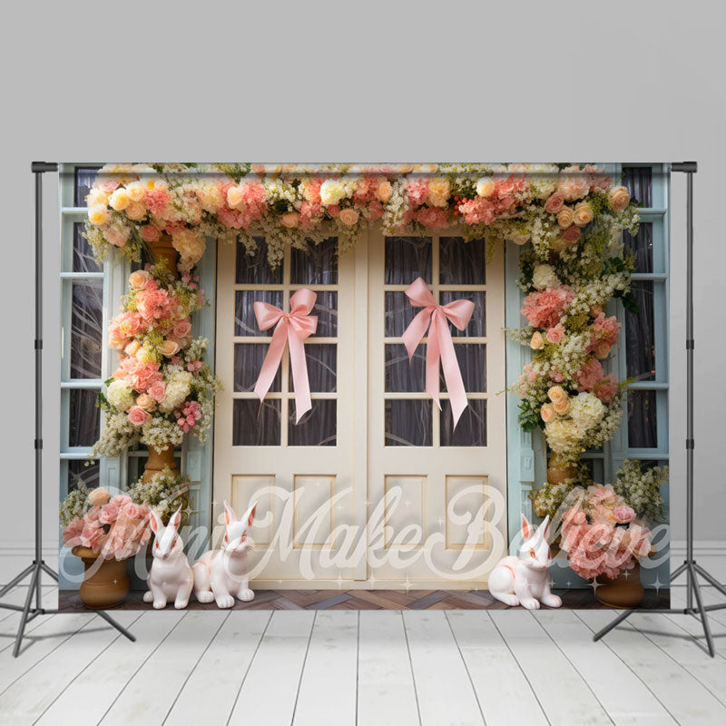 Aperturee - Wooden Door Bow Tie Rabbit Floral Easter Backdrop