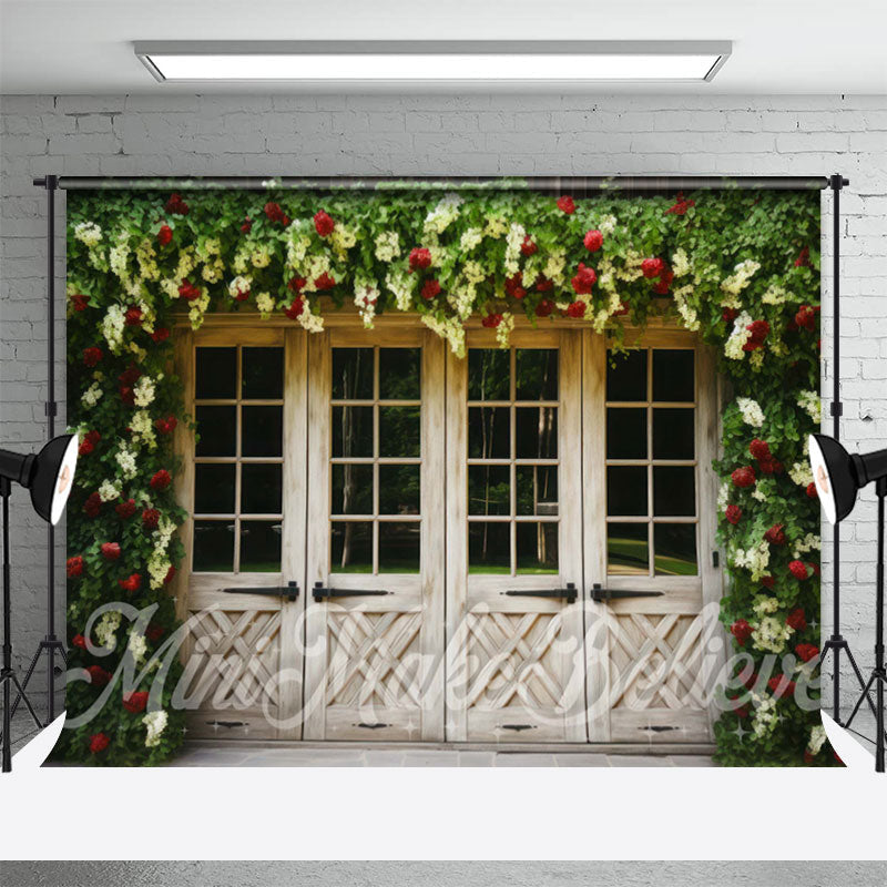 Aperturee - Wooden Doors And Creeper Flowers Spring Backdrop