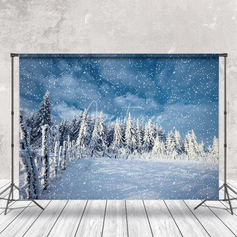 Aperturee - Wooden Fence Pine Forest Snow Landscape Backdrop