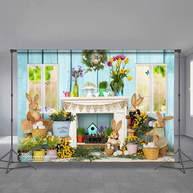 Aperturee - Wooden Floral Bunny Egg Hunter Easter Backdrop