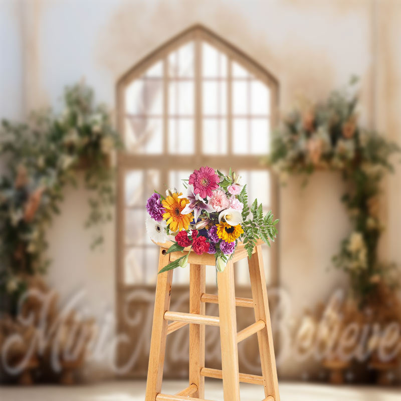 Aperturee - Wooden Frame Door Flowers Photo Retro Wall Backdrop