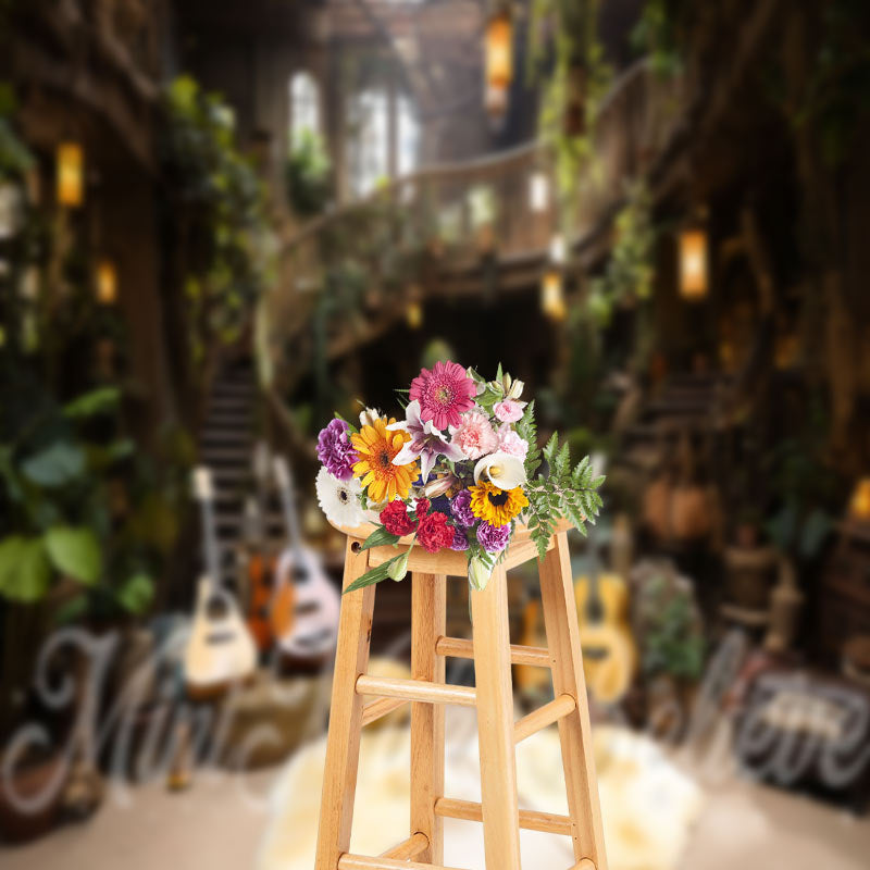 Aperturee - Wooden House Guitar Leaves Indoor Photo Backdrop