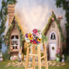 Aperturee - Wooden House Rabbit Floral Lawn Easter Backdrop