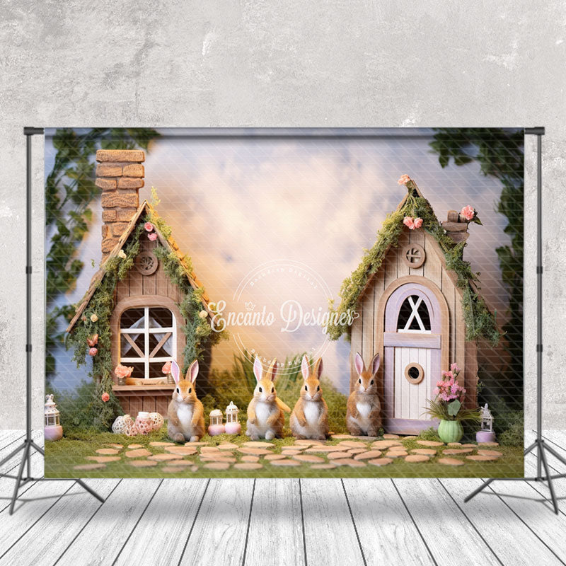 Aperturee - Wooden House Rabbit Floral Lawn Easter Backdrop