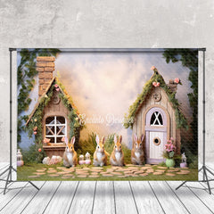 Aperturee - Wooden House Rabbit Floral Lawn Easter Backdrop
